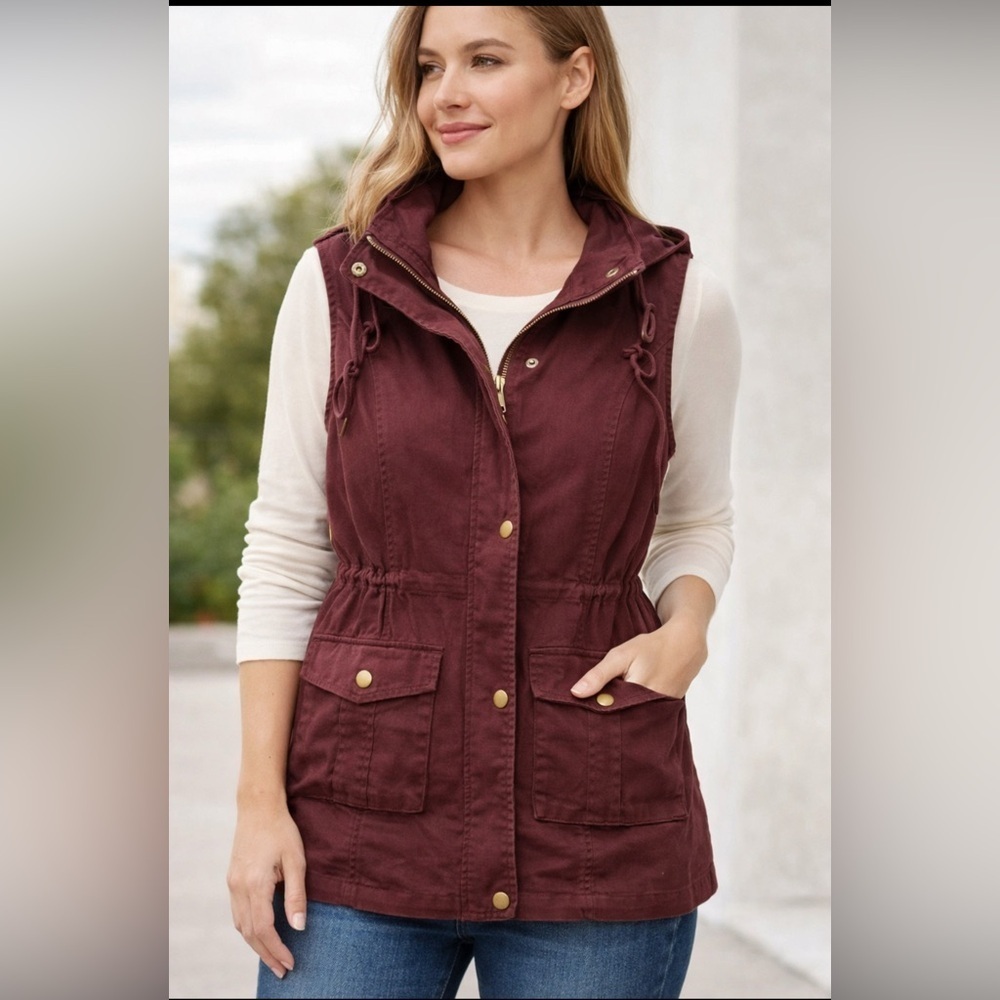 Market & Spruce Burgundy Utility Hooded Vest Drawstring Waist Medium